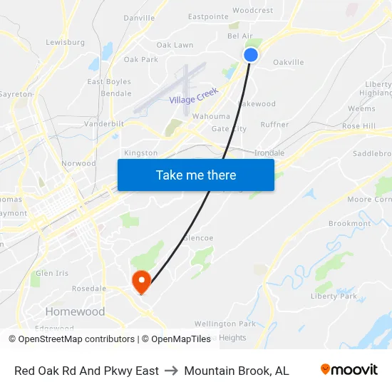 Red Oak Rd And Pkwy East to Mountain Brook, AL map