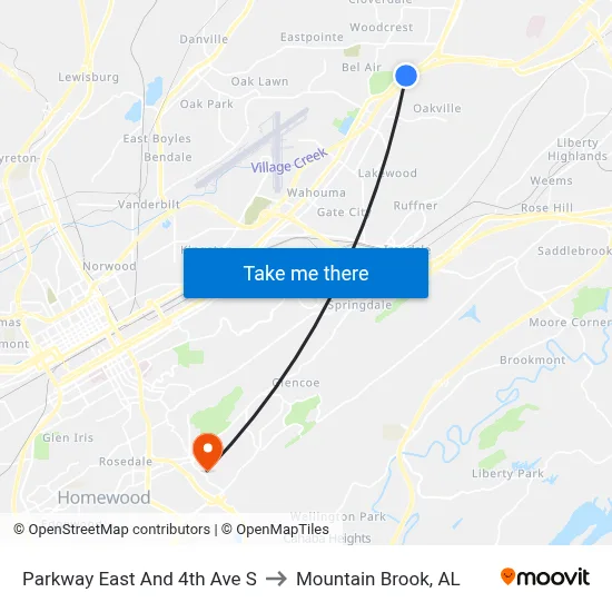 Parkway East And 4th Ave S to Mountain Brook, AL map