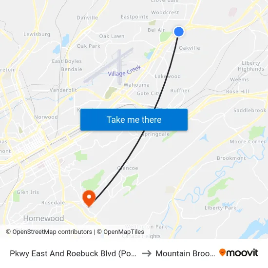 Pkwy East And Roebuck Blvd (Post Office) to Mountain Brook, AL map