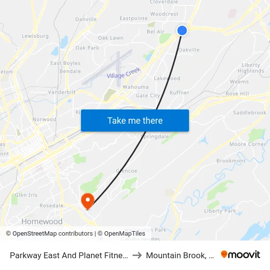 Parkway East And Planet Fitness to Mountain Brook, AL map
