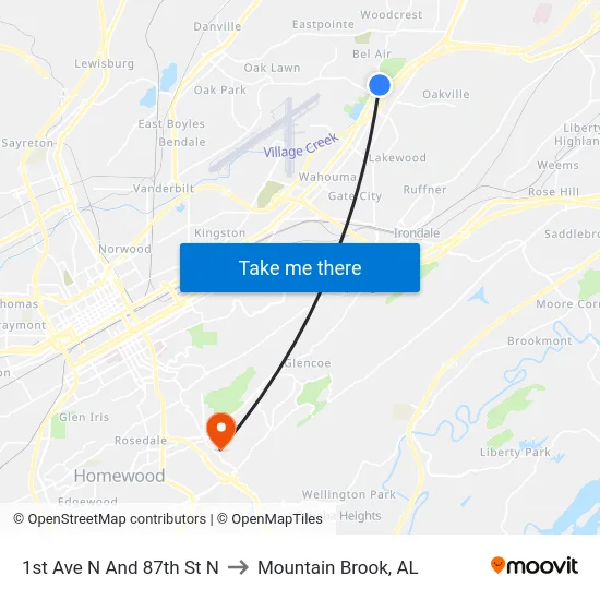 1st Ave N And 87th St N to Mountain Brook, AL map