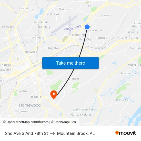2nd Ave S And 78th St to Mountain Brook, AL map