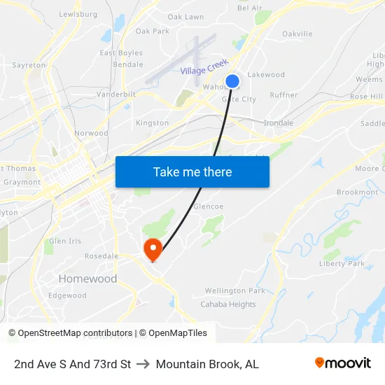 2nd Ave S And 73rd St to Mountain Brook, AL map