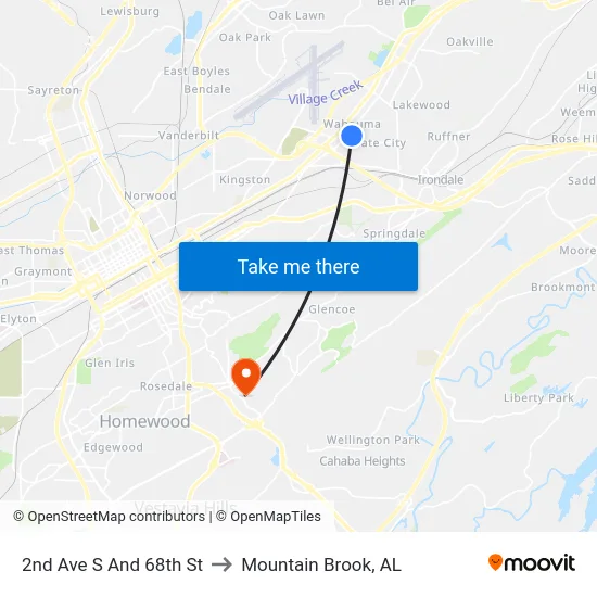 2nd Ave S And 68th St to Mountain Brook, AL map
