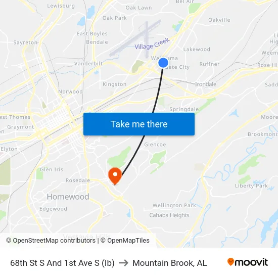 68th St S And 1st Ave S (Ib) to Mountain Brook, AL map