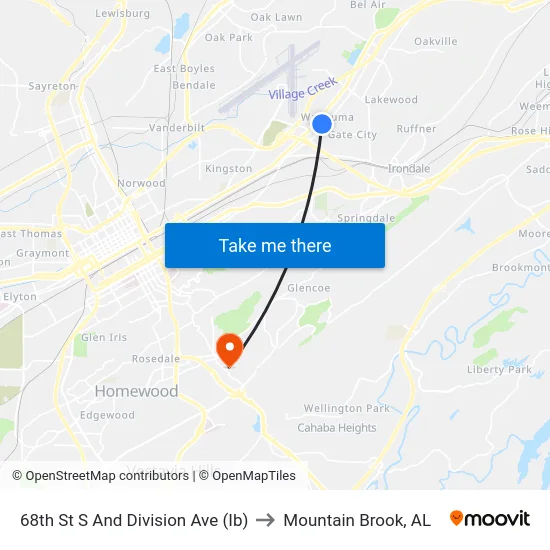 68th St S And Division Ave (Ib) to Mountain Brook, AL map