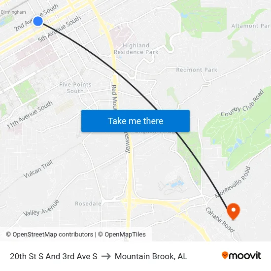 20th St S And 3rd Ave S to Mountain Brook, AL map