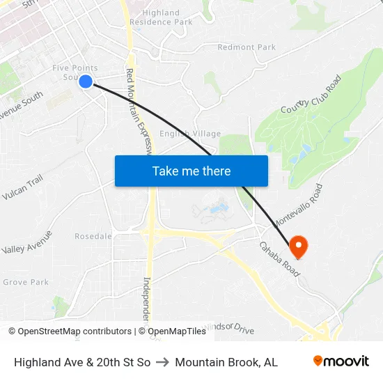 Highland Ave & 20th St So to Mountain Brook, AL map