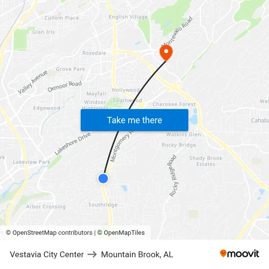 Vestavia City Center to Mountain Brook, AL map