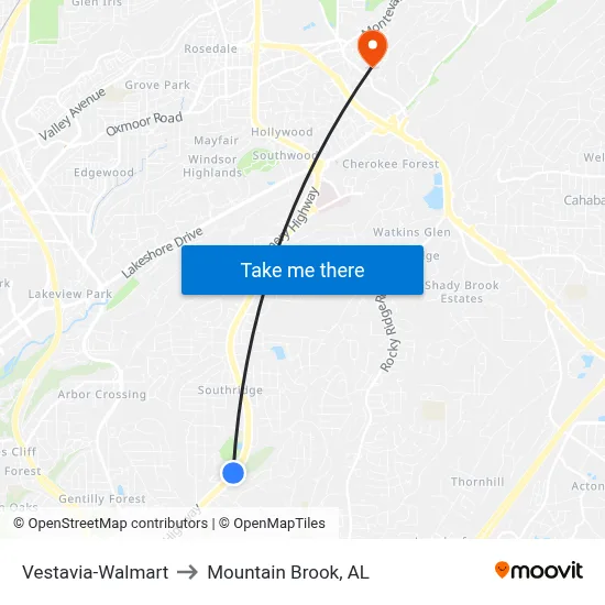 Vestavia-Walmart to Mountain Brook, AL map
