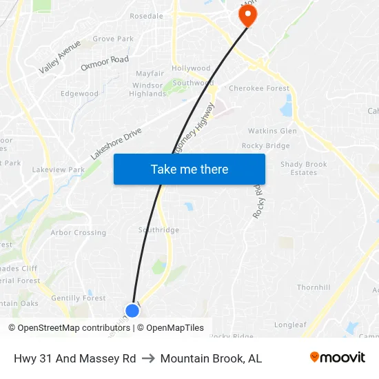 Hwy 31 And Massey Rd to Mountain Brook, AL map