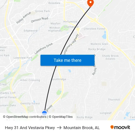 Hwy 31 And Vestavia Pkwy to Mountain Brook, AL map