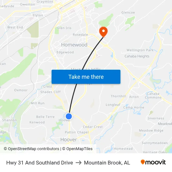 Hwy 31 And Southland Drive to Mountain Brook, AL map