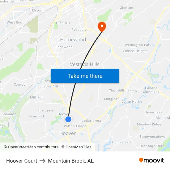 Hoover Court to Mountain Brook, AL map