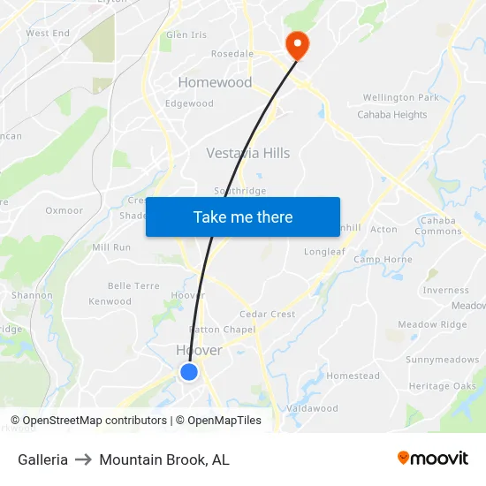 Galleria to Mountain Brook, AL map