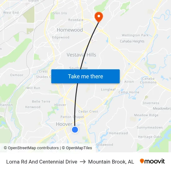 Lorna Rd And Centennial Drive to Mountain Brook, AL map