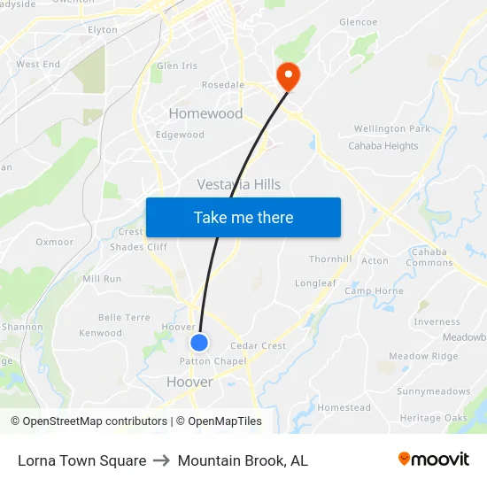Lorna Town Square to Mountain Brook, AL map