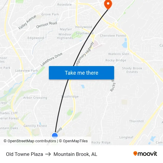 Old Towne Plaza to Mountain Brook, AL map