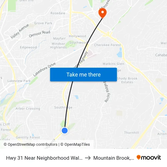 Hwy 31 Near Neighborhood Walmart to Mountain Brook, AL map