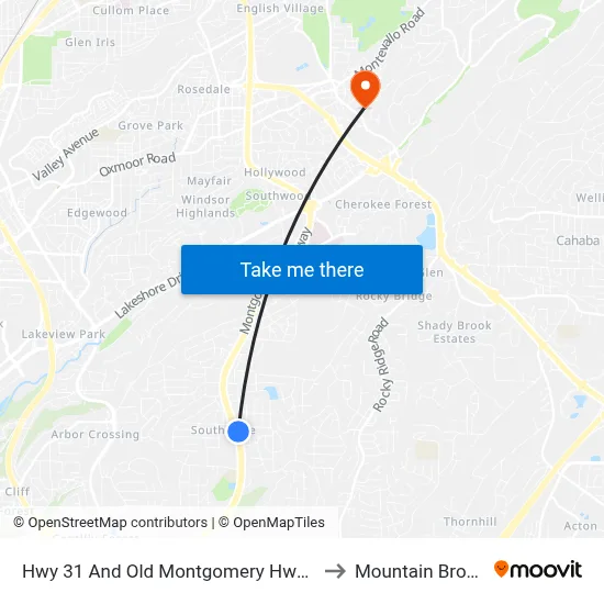 Hwy 31 And Old Montgomery Hwy (Sprouts) to Mountain Brook, AL map