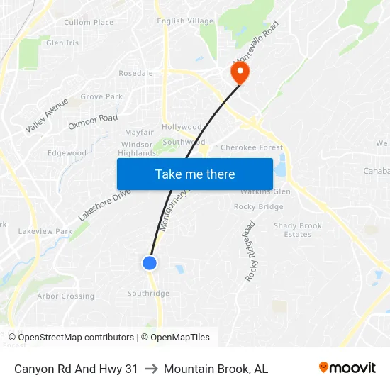 Canyon Rd And Hwy 31 to Mountain Brook, AL map