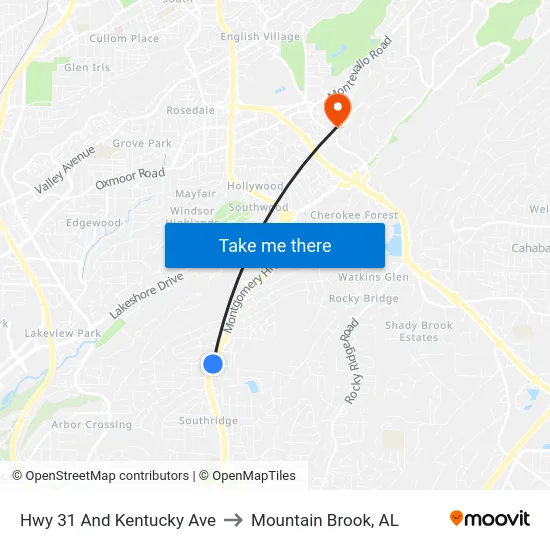Hwy 31 And Kentucky Ave to Mountain Brook, AL map