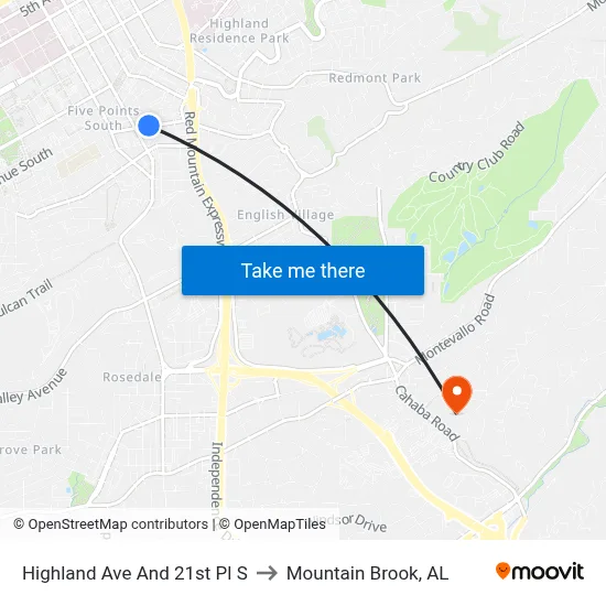 Highland Ave And 21st Pl S to Mountain Brook, AL map
