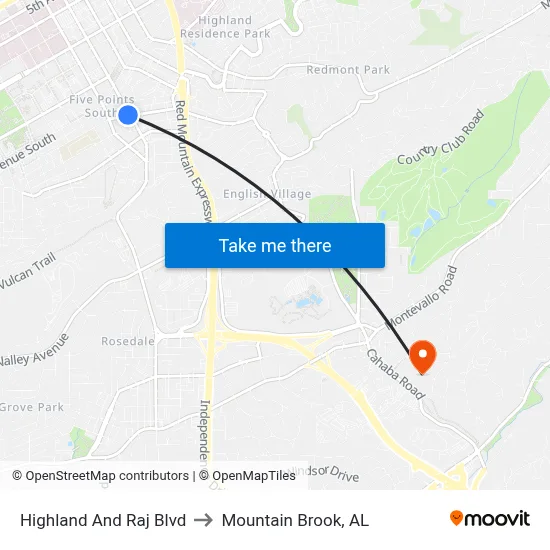 Highland And Raj Blvd to Mountain Brook, AL map