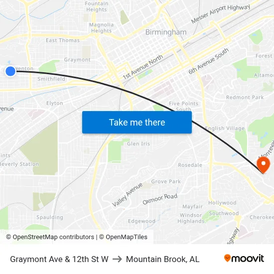 Graymont Ave & 12th St W to Mountain Brook, AL map
