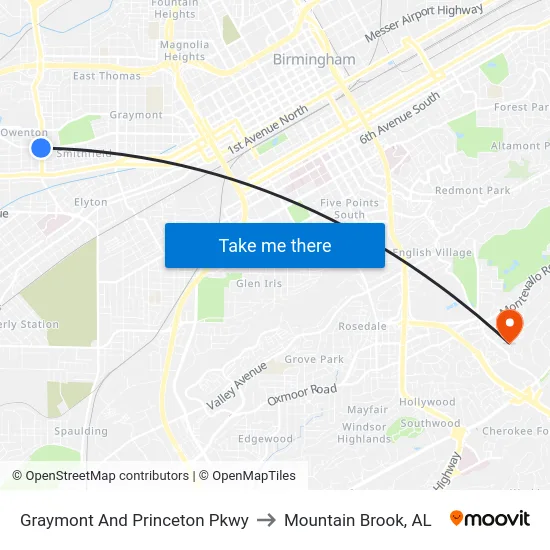 Graymont And Princeton Pkwy to Mountain Brook, AL map