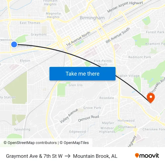 Graymont Ave & 7th St W to Mountain Brook, AL map
