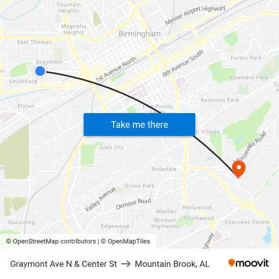 Graymont Ave N & Center St to Mountain Brook, AL map