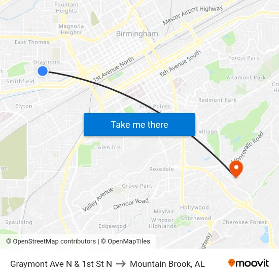 Graymont Ave N & 1st St N to Mountain Brook, AL map