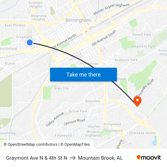 Graymont Ave N & 4th St N to Mountain Brook, AL map