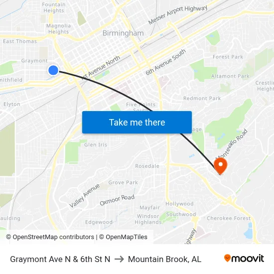Graymont Ave N & 6th St N to Mountain Brook, AL map