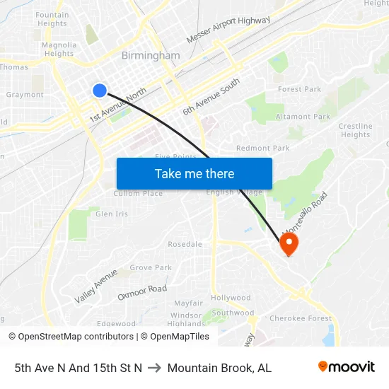 5th Ave N And 15th St N to Mountain Brook, AL map