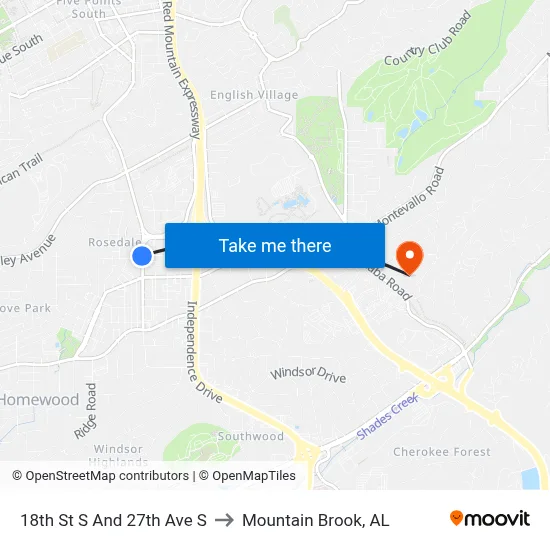 18th St S And 27th Ave S to Mountain Brook, AL map