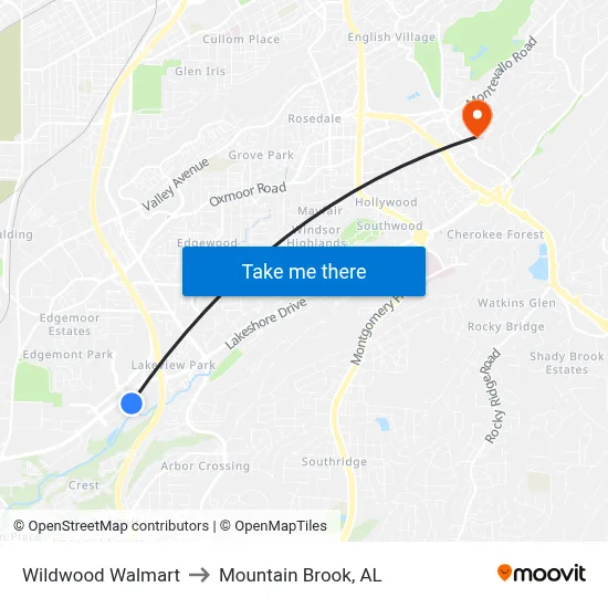 Wildwood Walmart to Mountain Brook, AL map