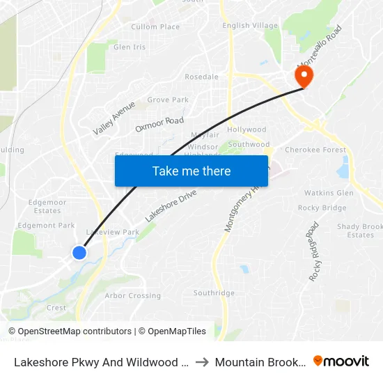 Lakeshore Pkwy And Wildwood Pkwy to Mountain Brook, AL map