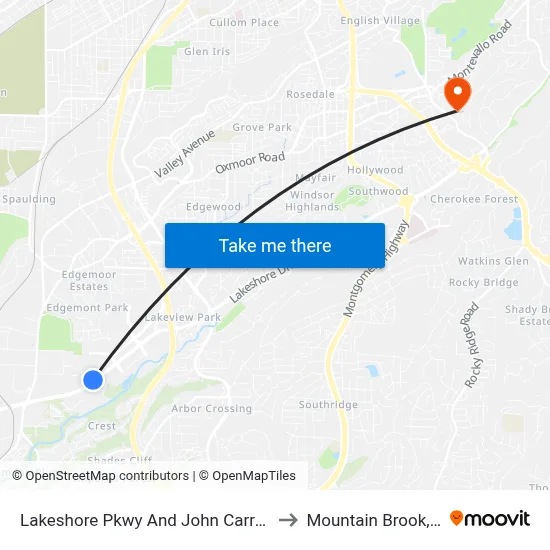 Lakeshore Pkwy And John Carroll Dr to Mountain Brook, AL map