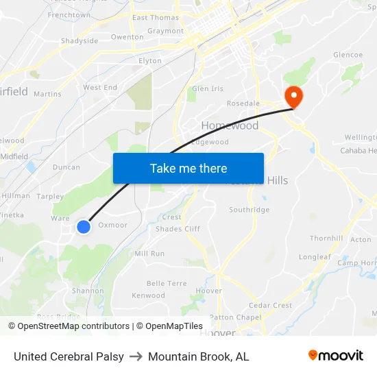 United Cerebral Palsy to Mountain Brook, AL map