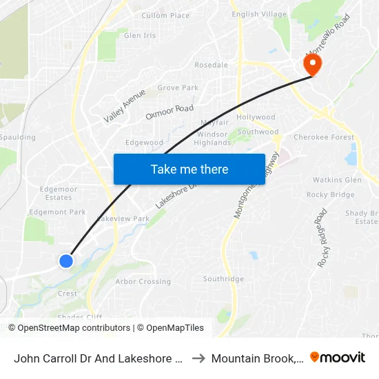 John Carroll Dr And Lakeshore Pkwy to Mountain Brook, AL map