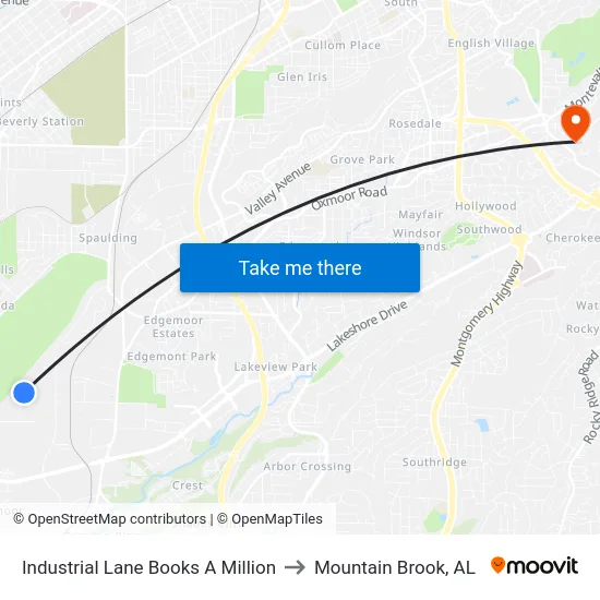 Industrial Lane Books A Million to Mountain Brook, AL map