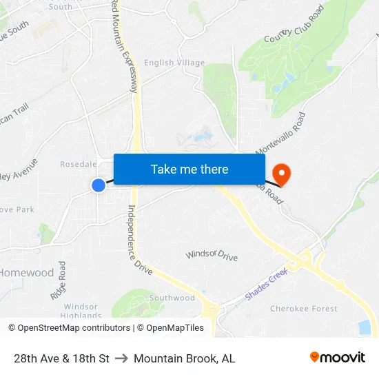 28th Ave & 18th St to Mountain Brook, AL map