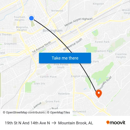 19th St N And 14th Ave N to Mountain Brook, AL map