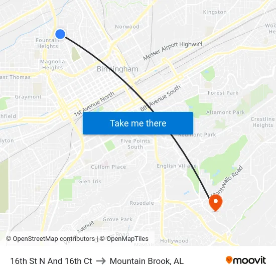 16th St N And 16th Ct to Mountain Brook, AL map