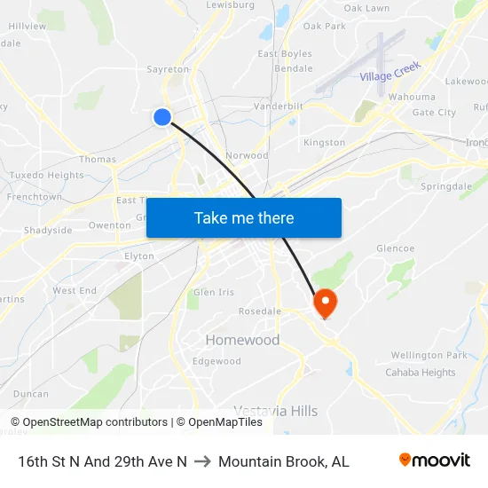 16th St N And 29th Ave N to Mountain Brook, AL map