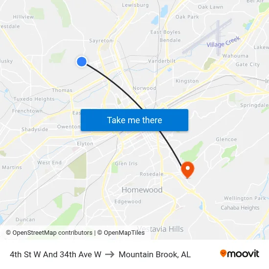 4th St W And 34th Ave W to Mountain Brook, AL map