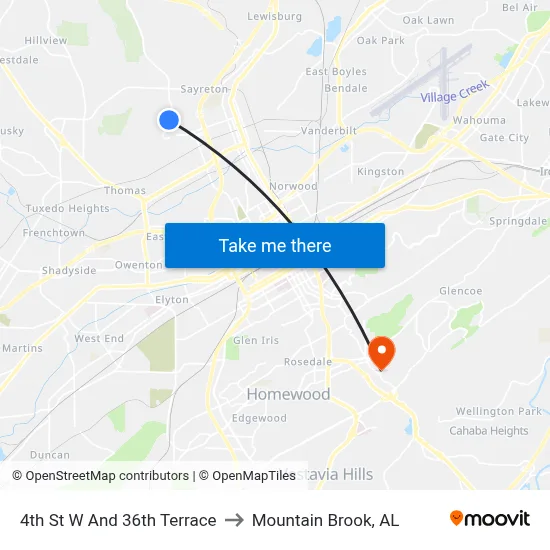 4th St W And 36th Terrace to Mountain Brook, AL map