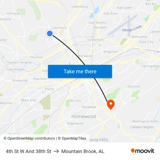 4th St W And 38th St to Mountain Brook, AL map